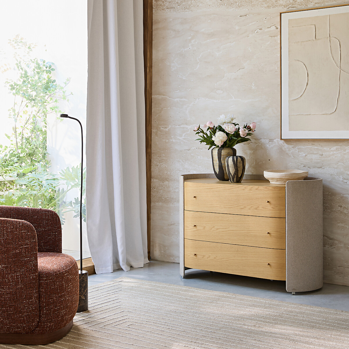 Commode 3 tiroirs, plaqué chêne et tissu, Firmo chêne naturel, AM.PM