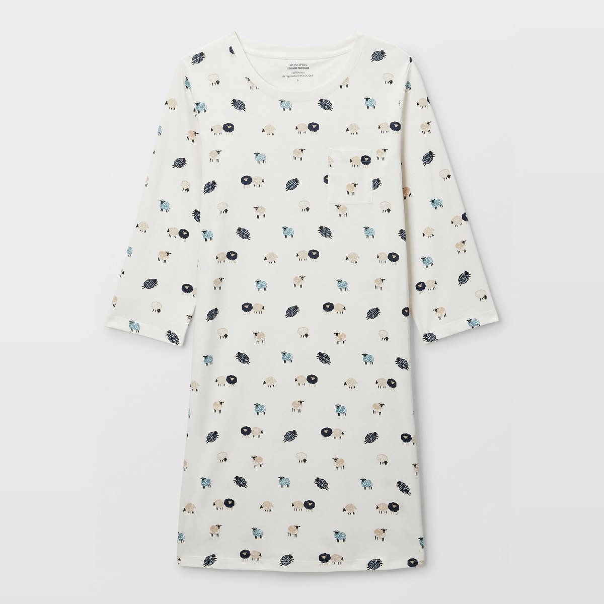 Chemise de nuit manches 3/4 imprimée en coton BIO GOTS ecru, MONOPRIX