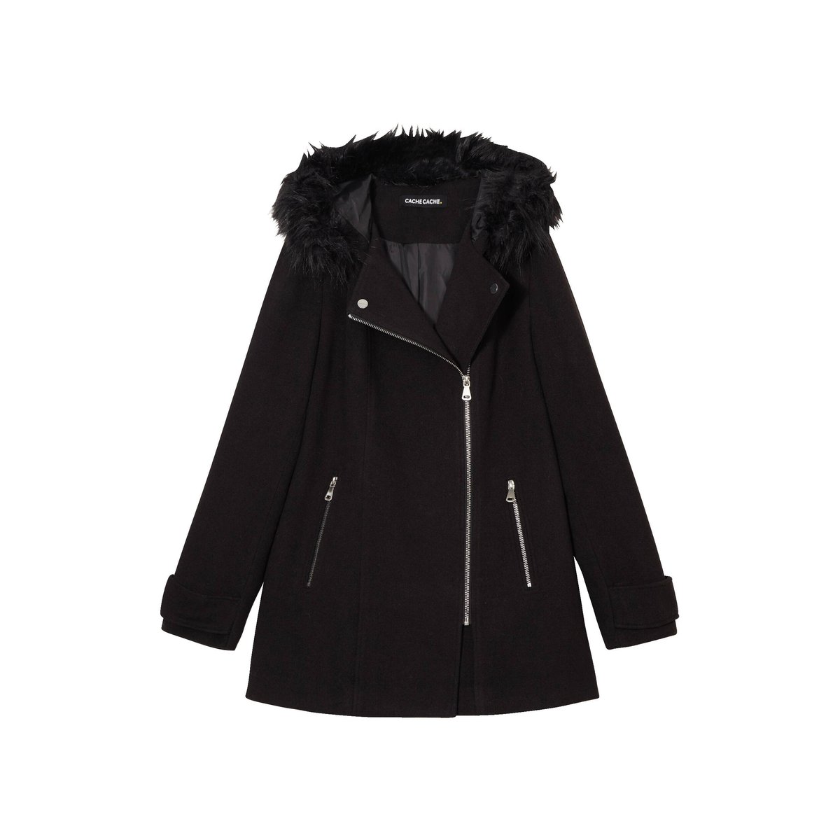 Manteau droit avec capuche noir, CACHE CACHE