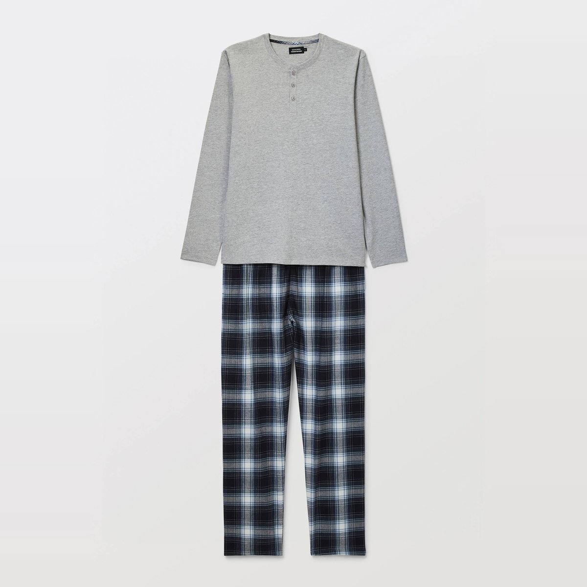 Pyjama manches longues en jersey et pantalon en flanelle en coton gris moyen, MONOPRIX