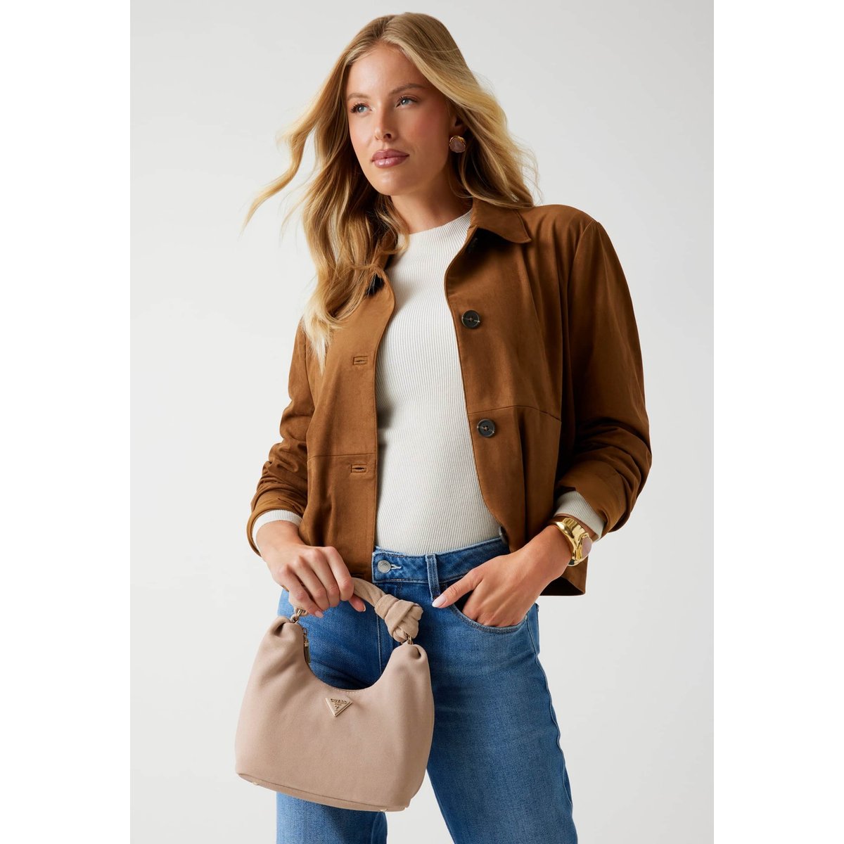 Mini Sac Hobo Isotta Cuir Véritable beige, GUESS