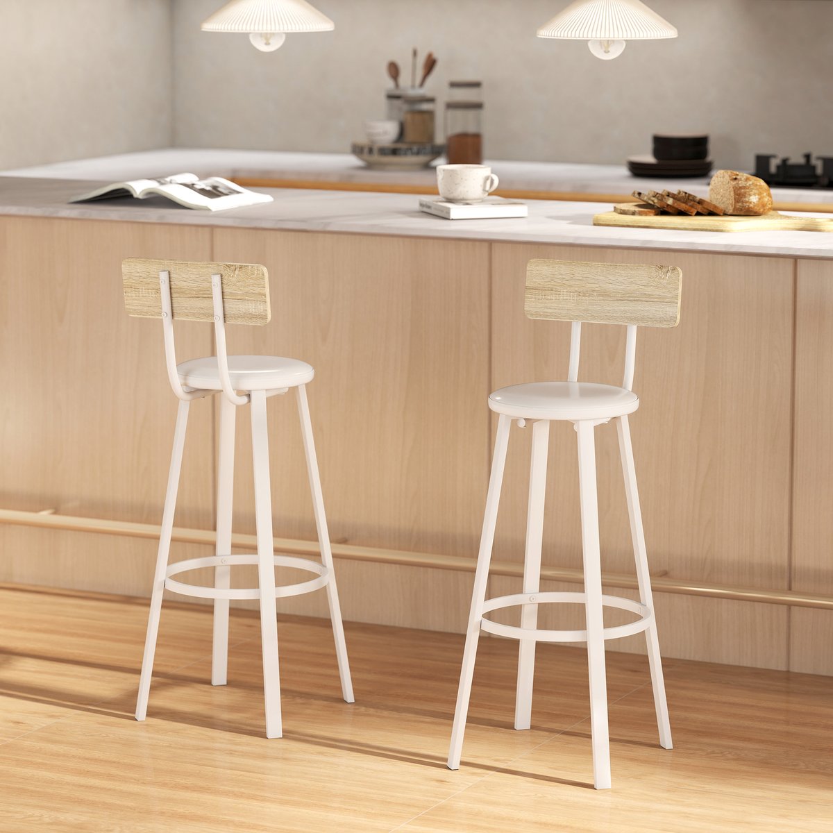 Tabouret de bar Panneau de particules Bois bois naturel et blanc, HOMCOM