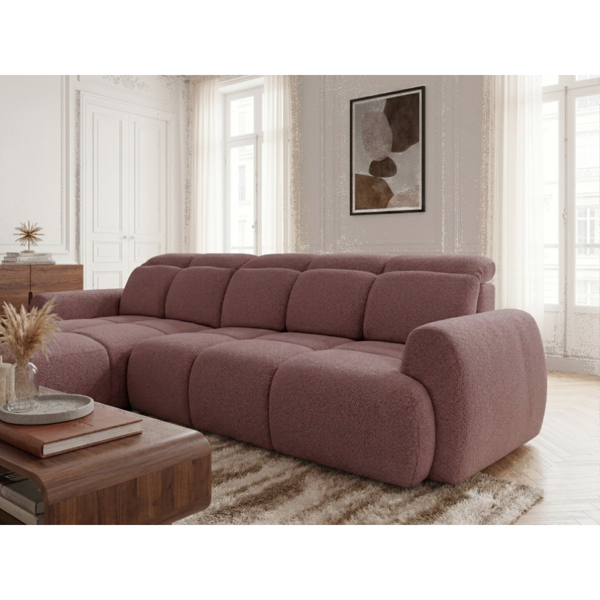 Canapé d'angle convertible 3 places en tissu chenille, RUBY rouge, BOBOCHIC