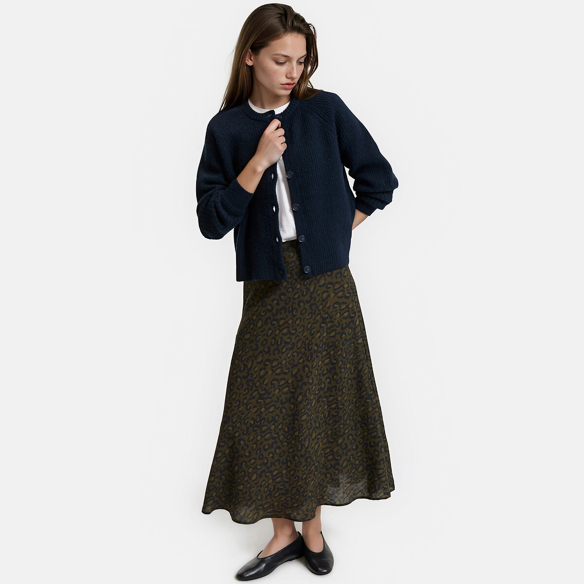 Cardigan col rond, en maille côtelée, avec détails au bas des manches bleu marine, LA REDOUTE COLLECTIONS