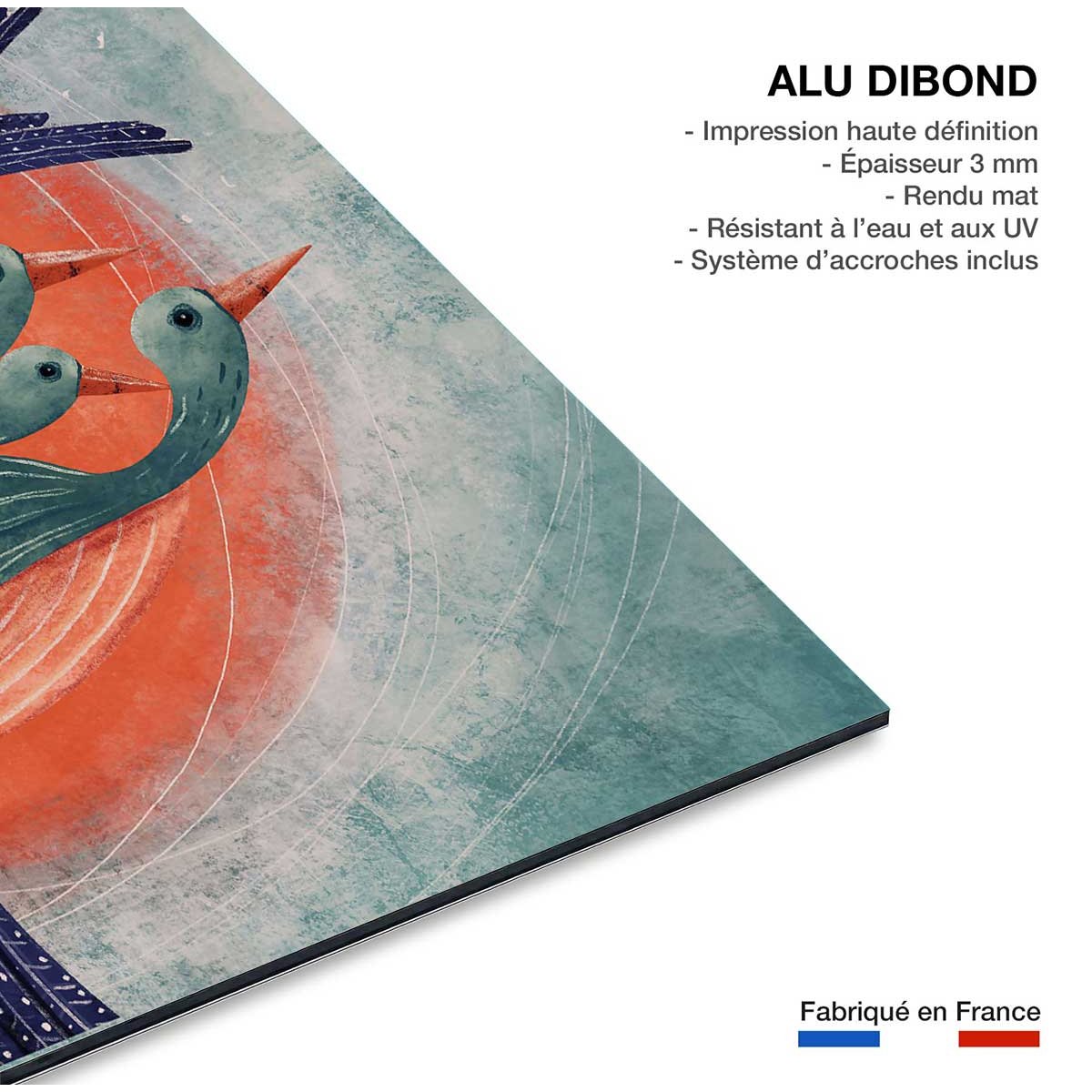 Tableau Affiche illustration oiseau lyre et soleil rouge tableau alu dibond, HEXOA