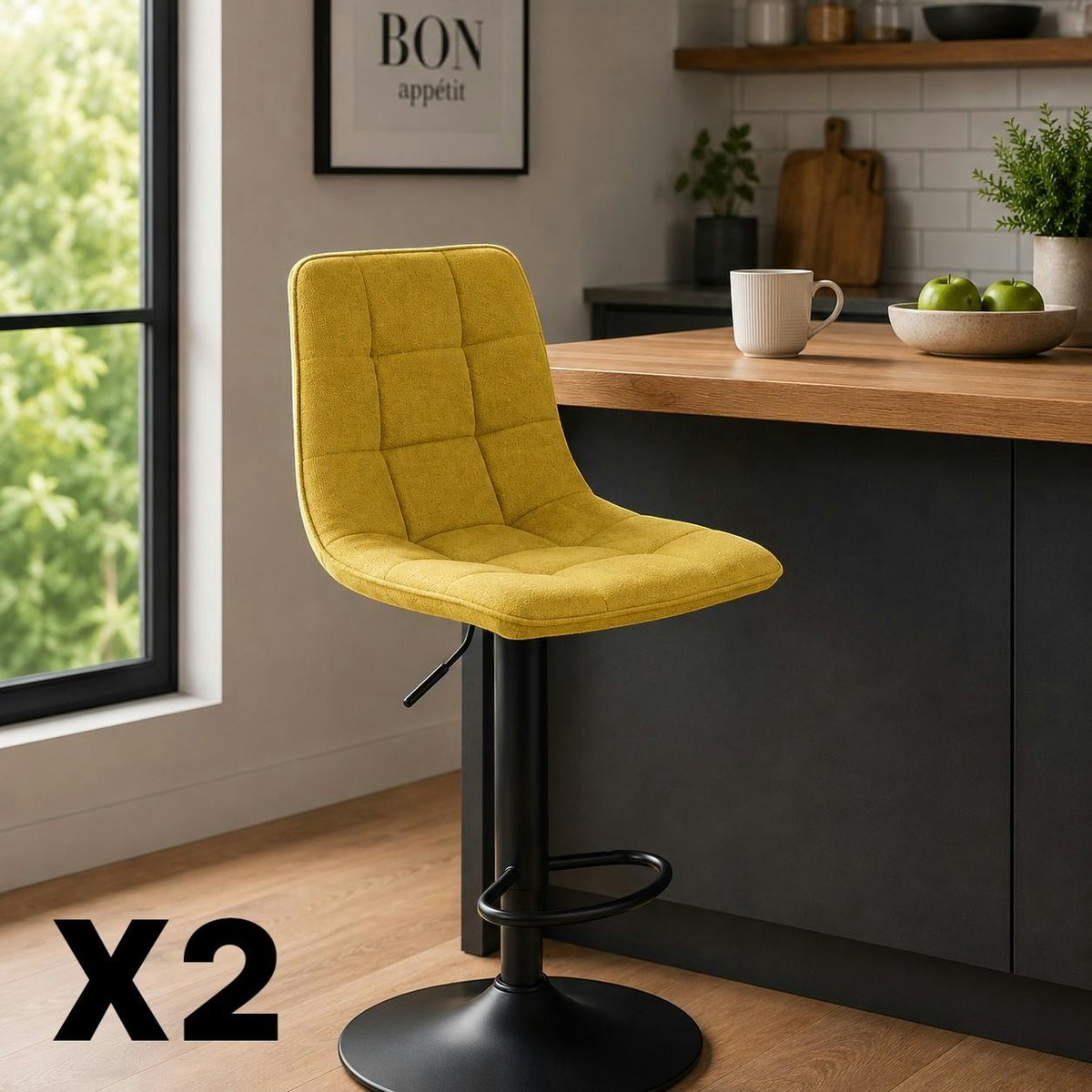 Chaise de bar réglable en tissu (lot de 2) LORA moutarde, PIER IMPORT