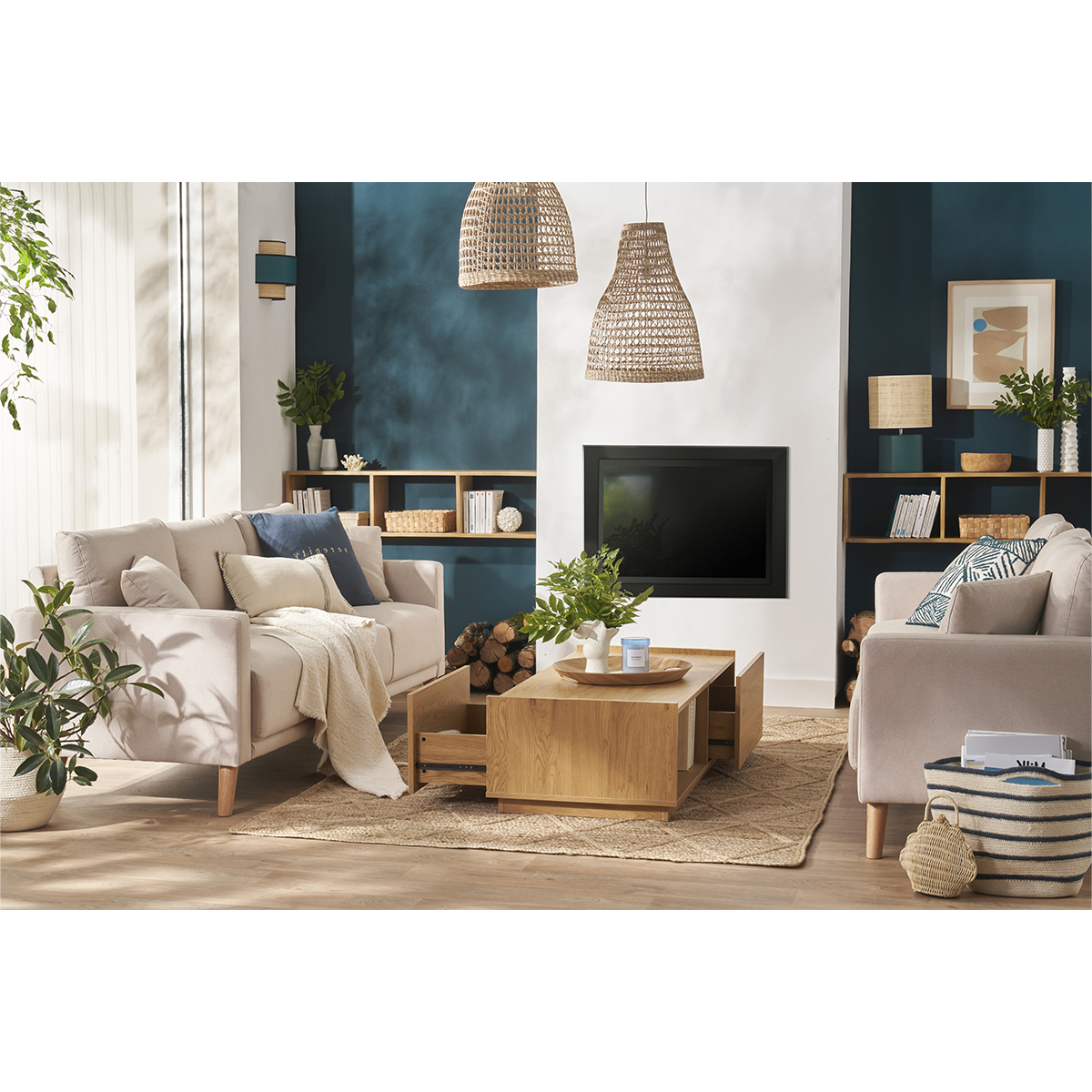 Table basse rectangulaire avec rangements 2 tiroirs finition bois clair chêne L120 cm MADERO chêne clair, MILIBOO