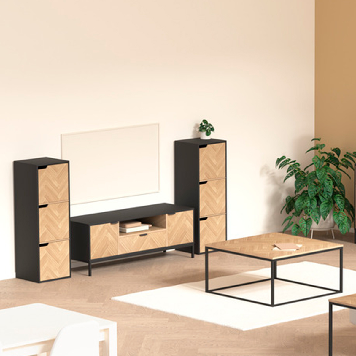 Meuble TV 3 portes effet pin CHEVRONS noir, 5FIVE SIMPLY SMART