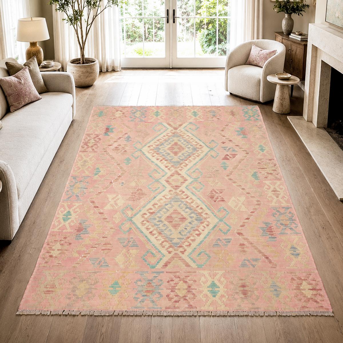 Tapis kilim géométrique, tissé plat authentique, KILIM 56 rose, bleu, crème, UN AMOUR DE TAPIS