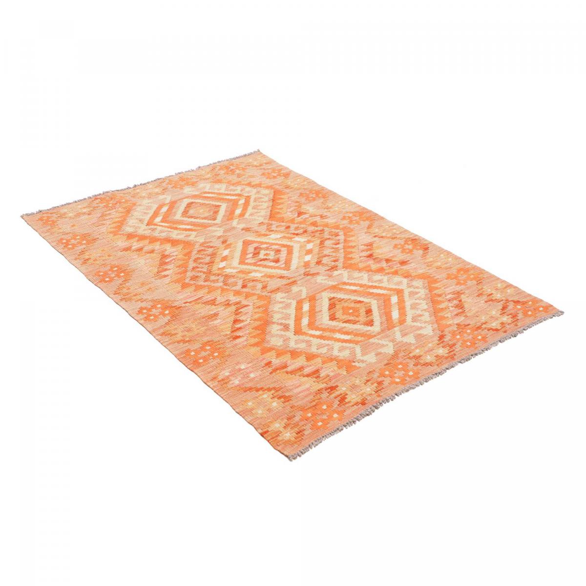 Tapis kilim géométrique, tissé plat en laine, KILIM 58 orange, beige, rouge, UN AMOUR DE TAPIS