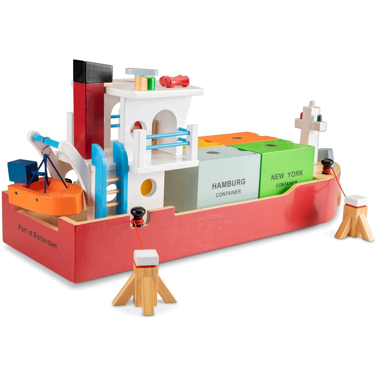Bateau-container avec 4 containers rouge, NEW CLASSIC TOYS