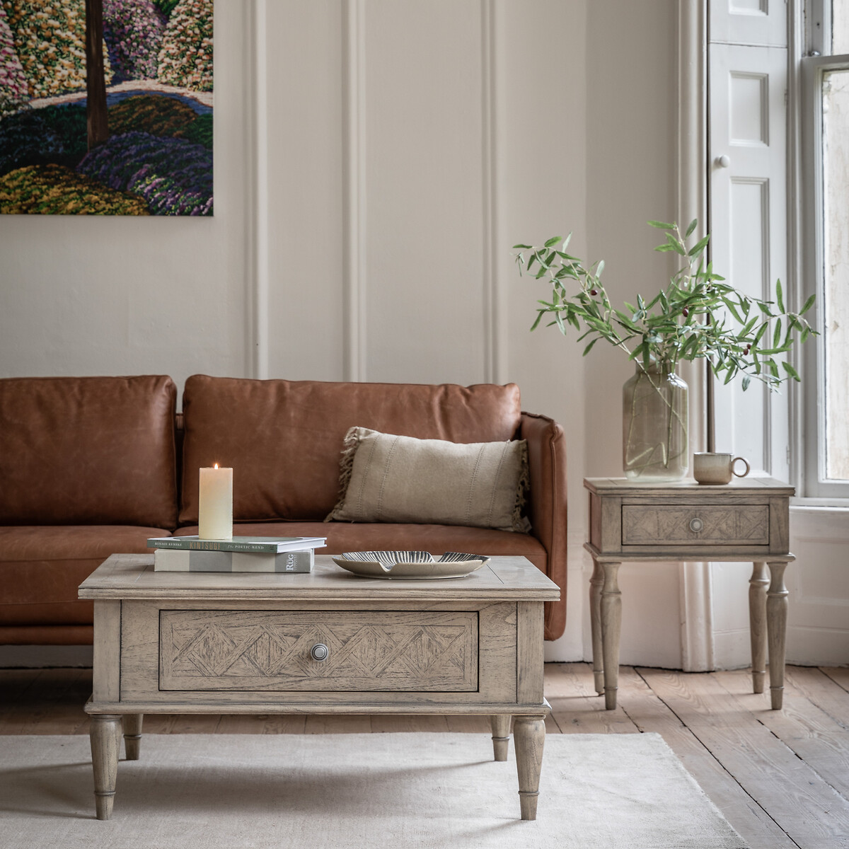 Nashik Ash Wood Parquet Square 2 Drawer Coffee Table natural, ÉDITÉ