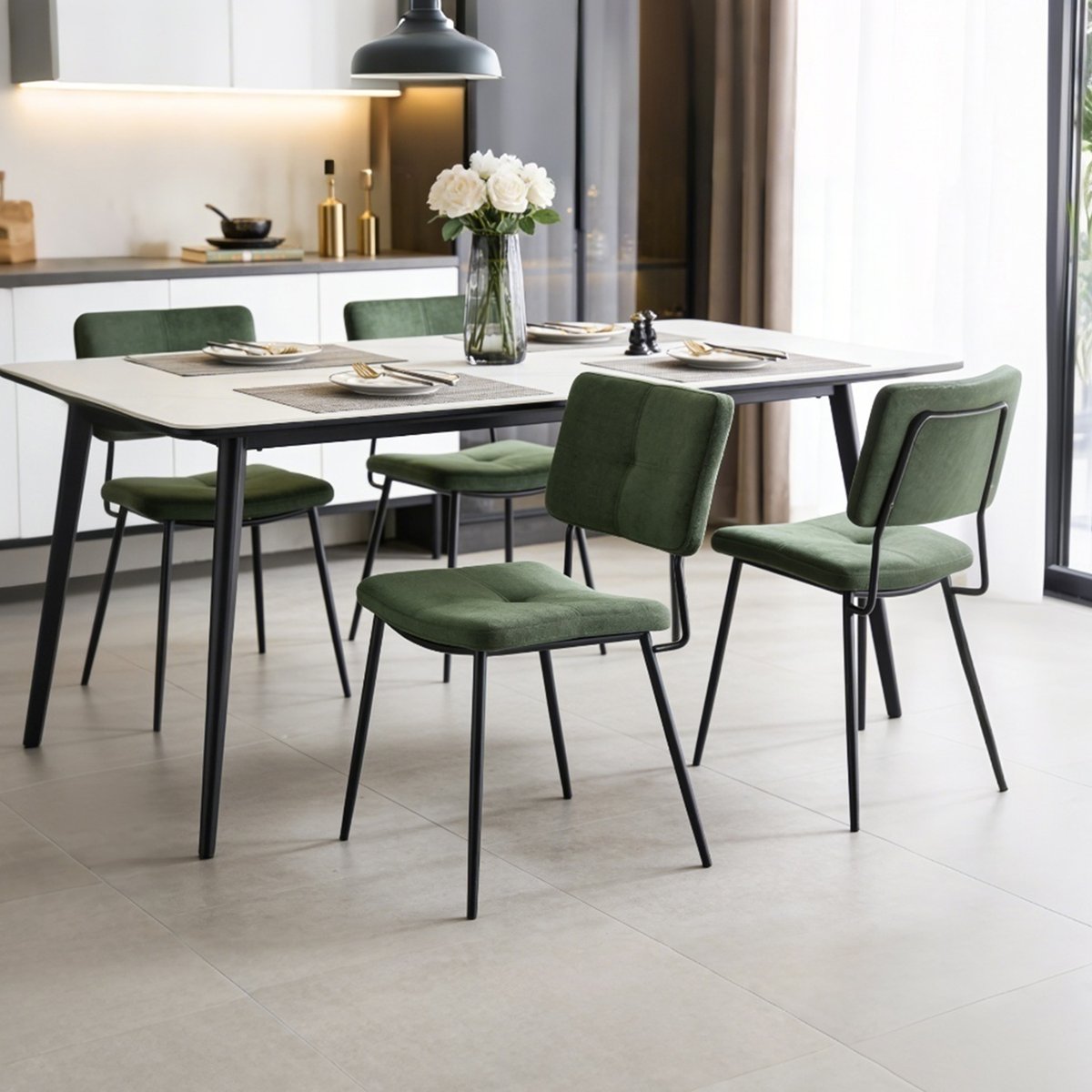 Lot de 4 chaises de salle à manger en tissu vert style industriel, KAROMI vert, MEUBLES COSY