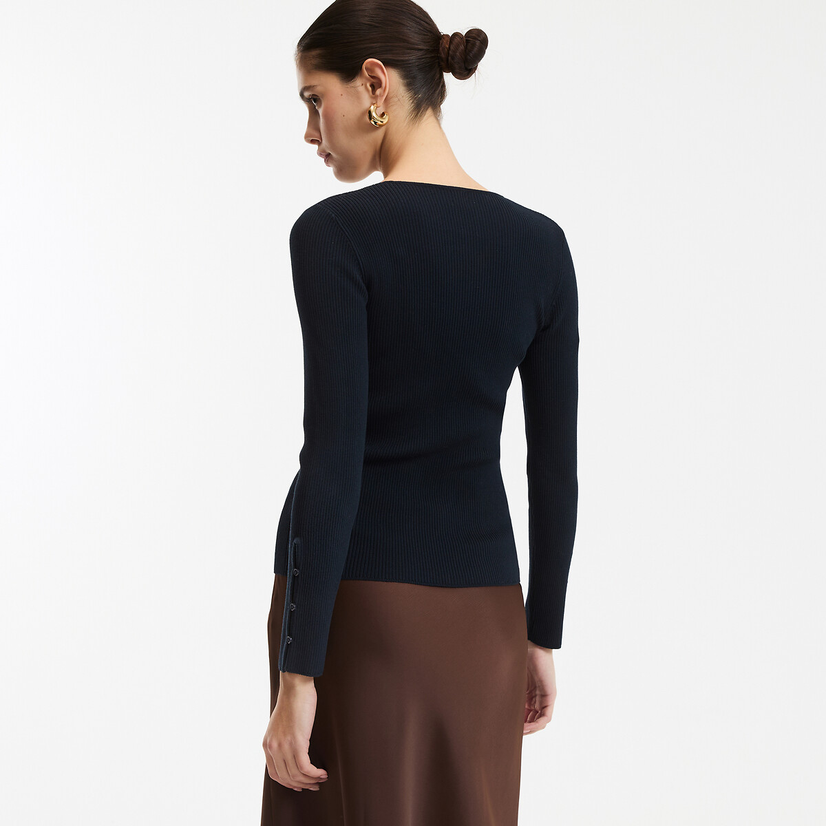 Fine Ribbed Knit Long Sleeve Crew Neck Jumper navy blue, LA REDOUTE COLLECTIONS