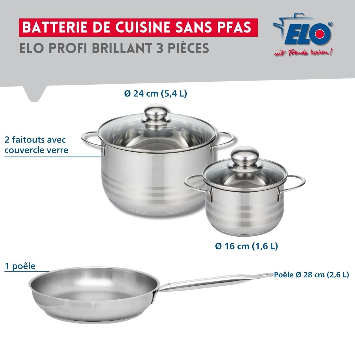 Batterie 1 poêle 28cm + 2 faitouts 16/24cm PROFI BRILLANT inox, ELO