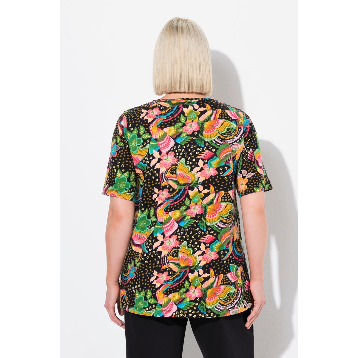 T-shirt long à fleurs noir, ULLA POPKEN