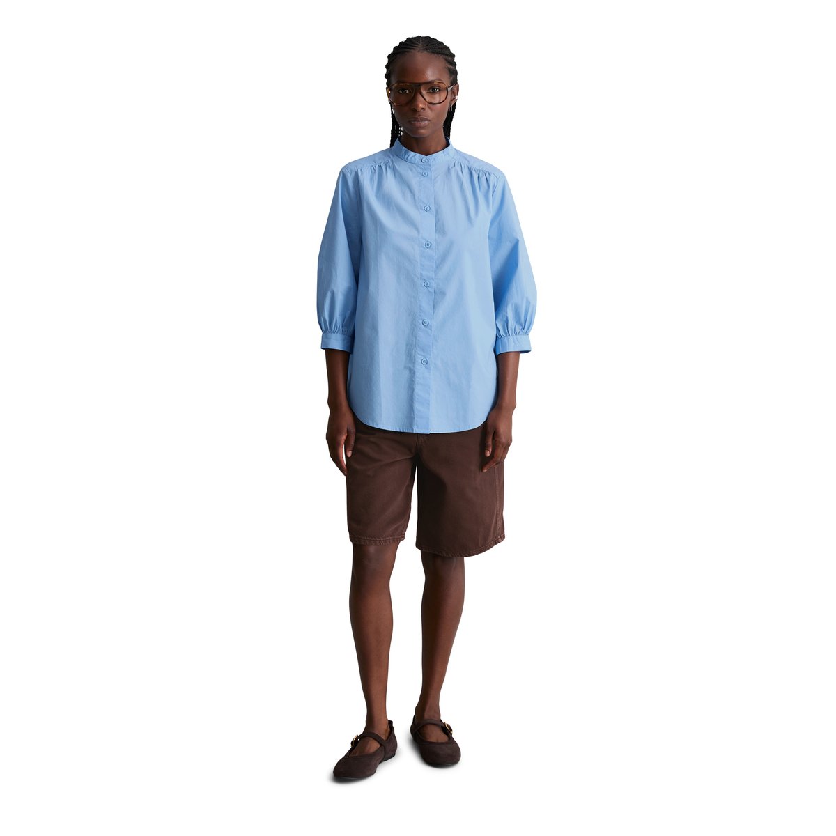 Blouse avec fronces relaxed en popeline Papertouch bleu moyen, MARC O’POLO DENIM