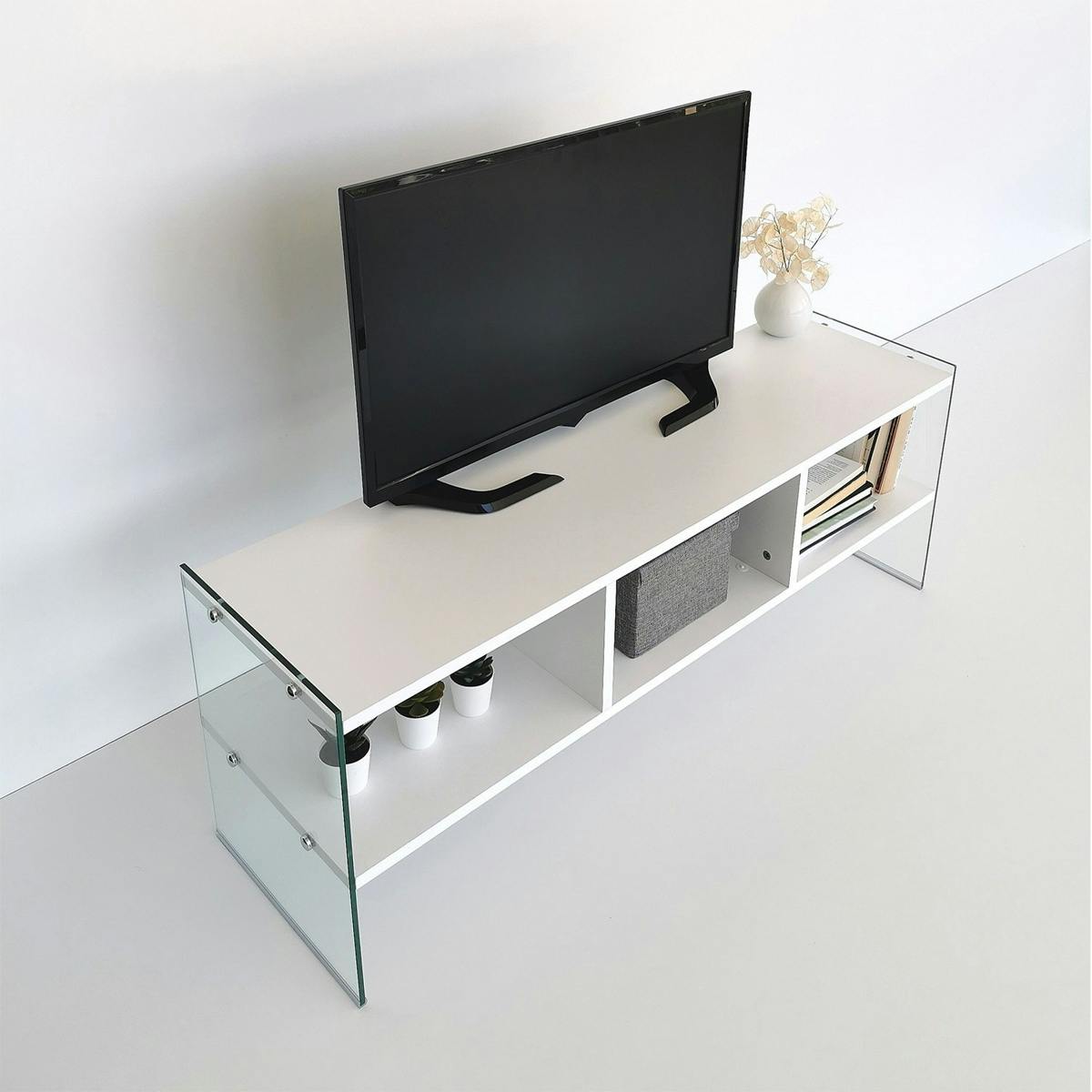 Meuble TV design 2 niveaux pieds verre SALTA blanc, PIER IMPORT