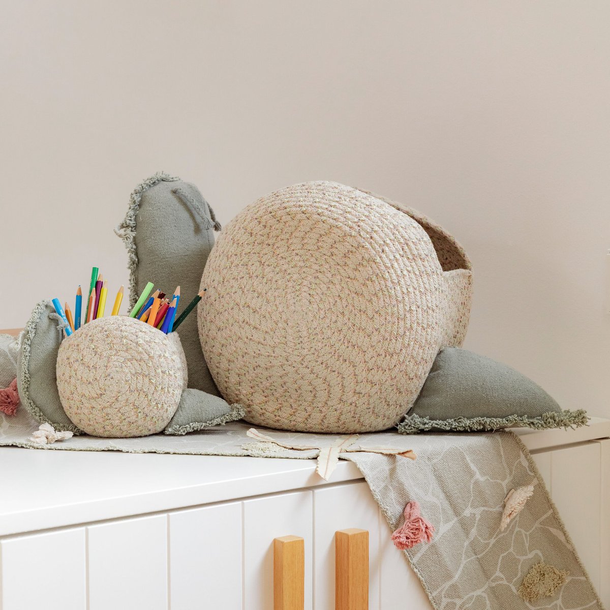 Escargot panier BACK TO SCHOOL vert clair, miel, gris, nude vintage, lin, naturel, bleu vintage, sauge bleue, LORENA CANALS