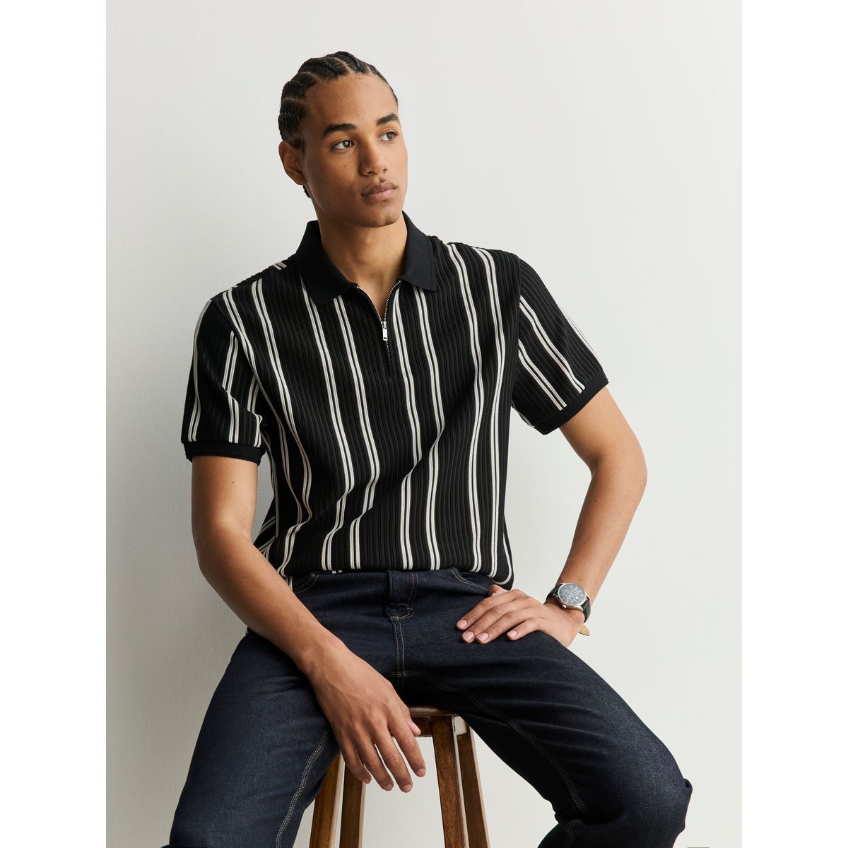 Polo semi-zippé à rayures verticales noir/blanc, NEXT