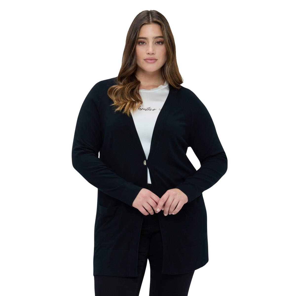 Cardigan long avec encolure en V en maille fine noir, FIORELLA RUBINO