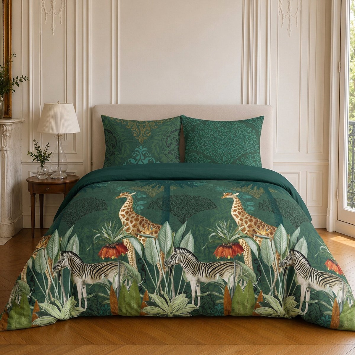 Parure de lit en coton motif tropical, ZAMBI vert, C DESIGN HOME TEXTILE