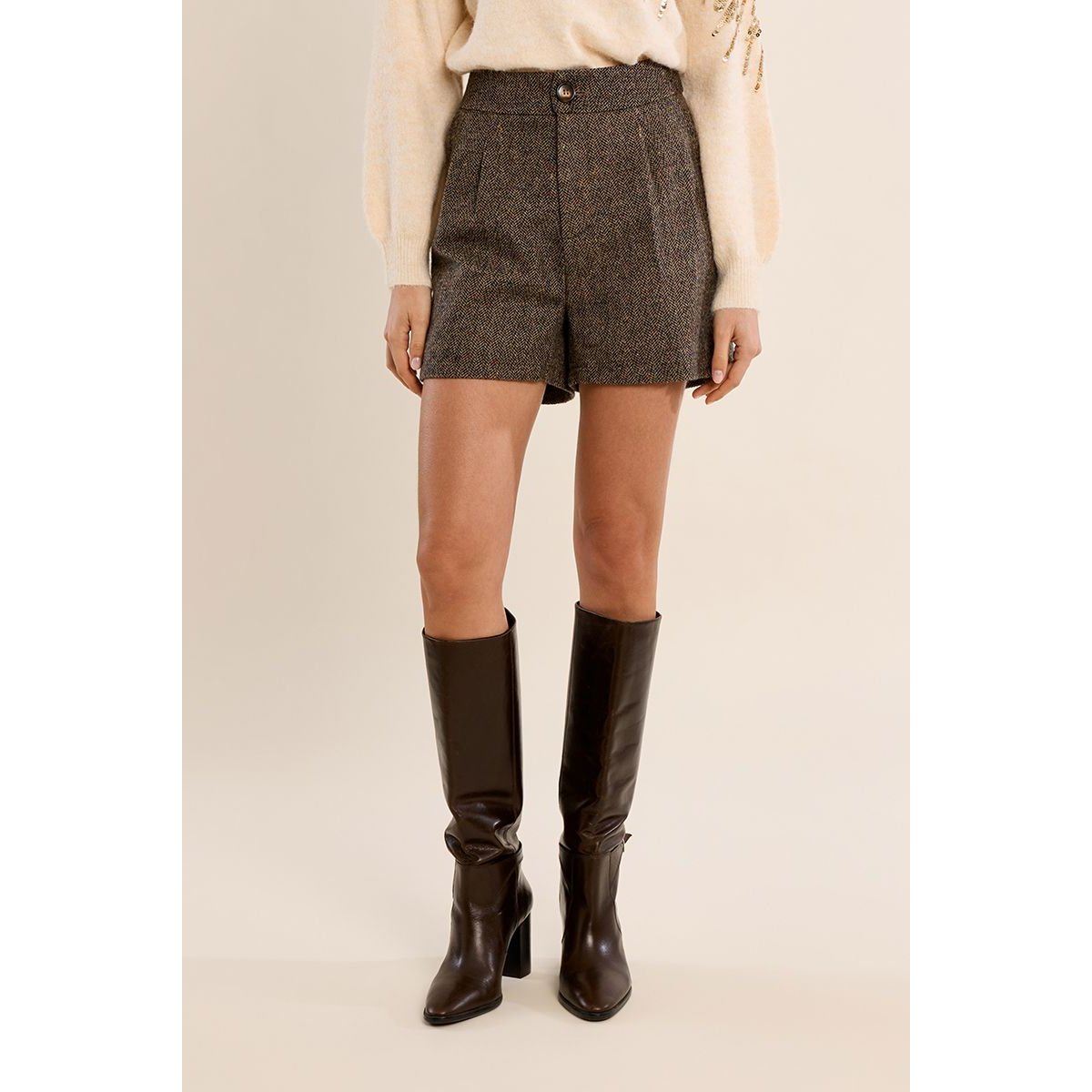Short taille haute en lainage dark beige, MOLLY BRACKEN