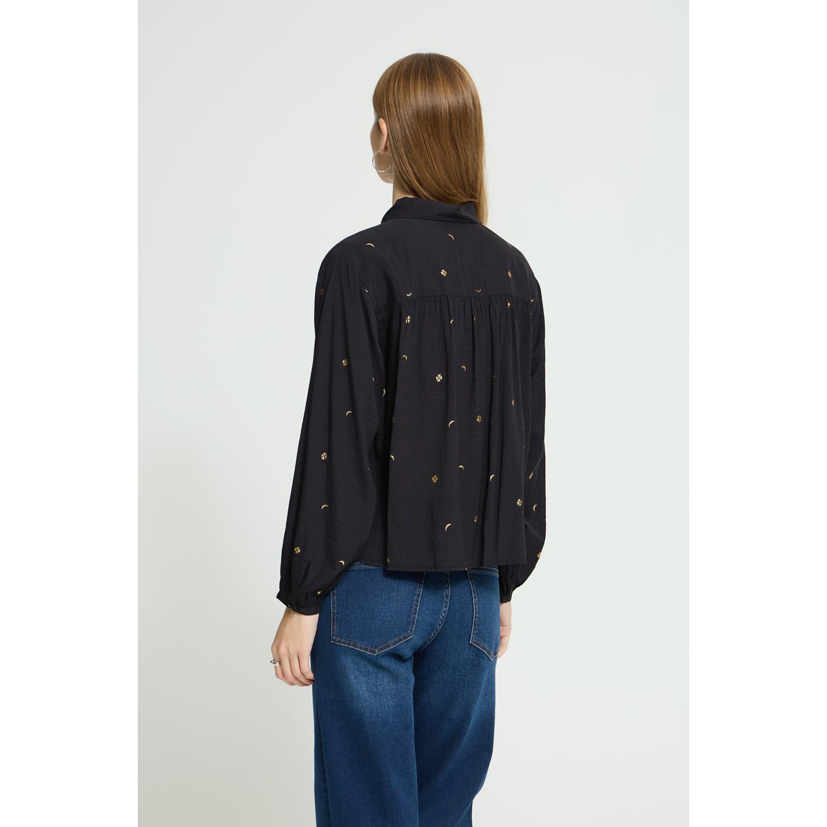 Chemise à manches longues noir black w. gold foil, ICHI