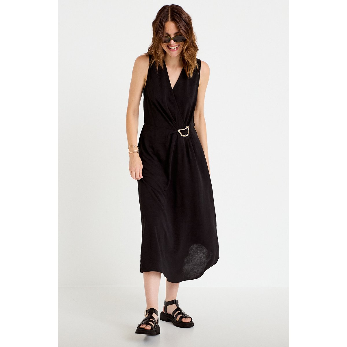 Robe droite 3/4 sans manches col v noir, CACHE CACHE
