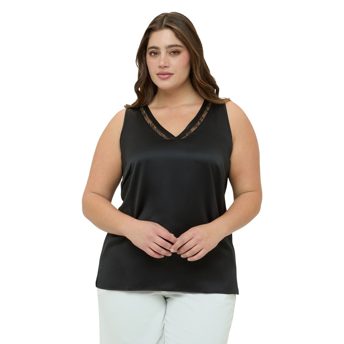 Top avec décolleté en V et détail en dentelle blanc, FIORELLA RUBINO