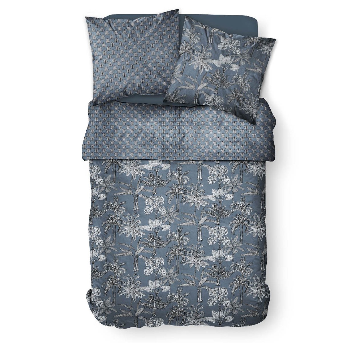 Parure de lit coton 2 personnes imprimé jungle SUNSHINE bleu, TODAY