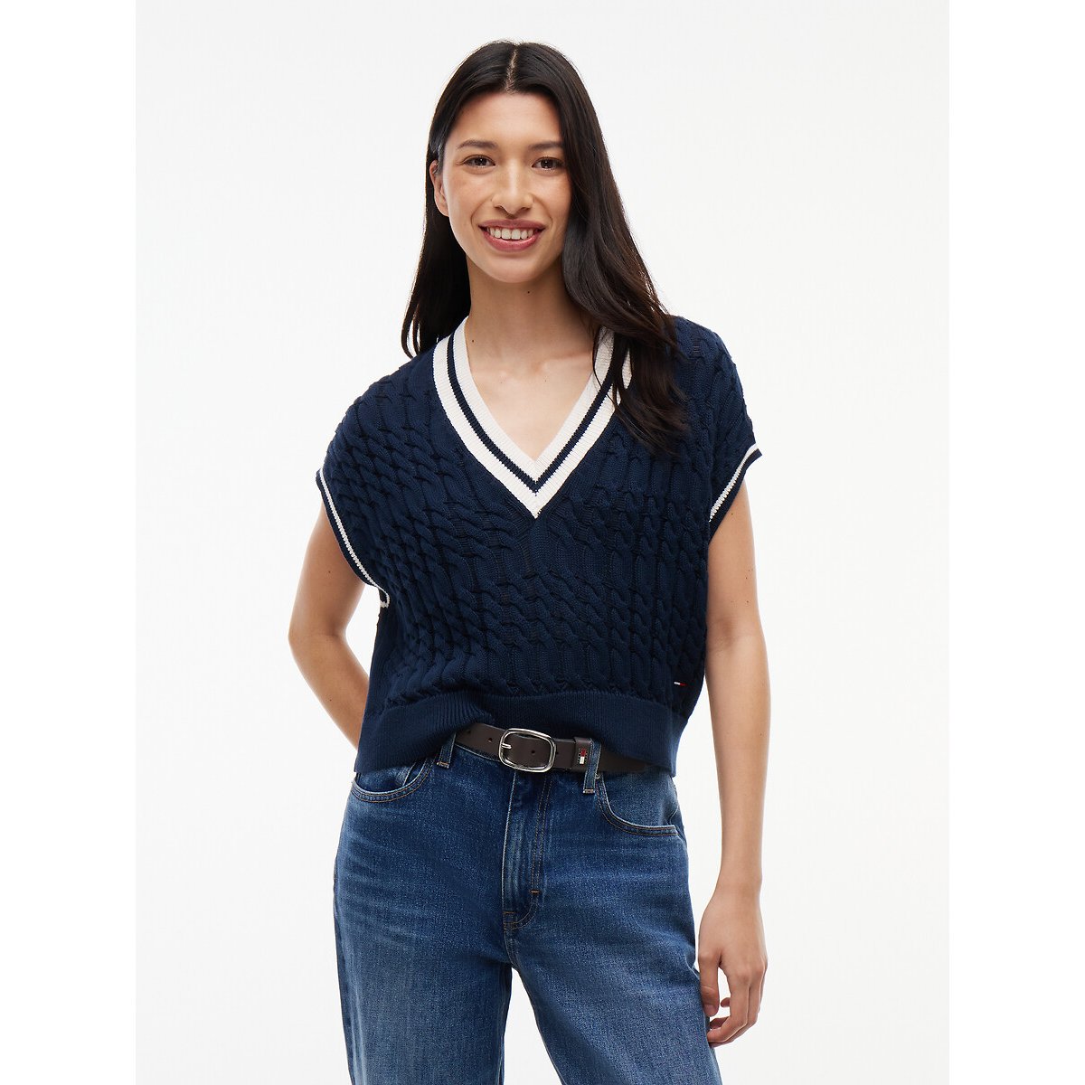 Pull col V à manches courtes marine, TOMMY JEANS