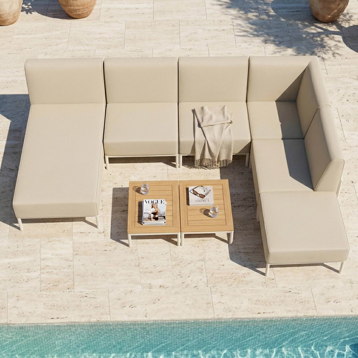 Salon de jardin modulable 6 places avec 3 chauffeuses, 1 fauteuil d'angle, 1 méridienne et 1 pouf, PATIO beige, OVIALA
