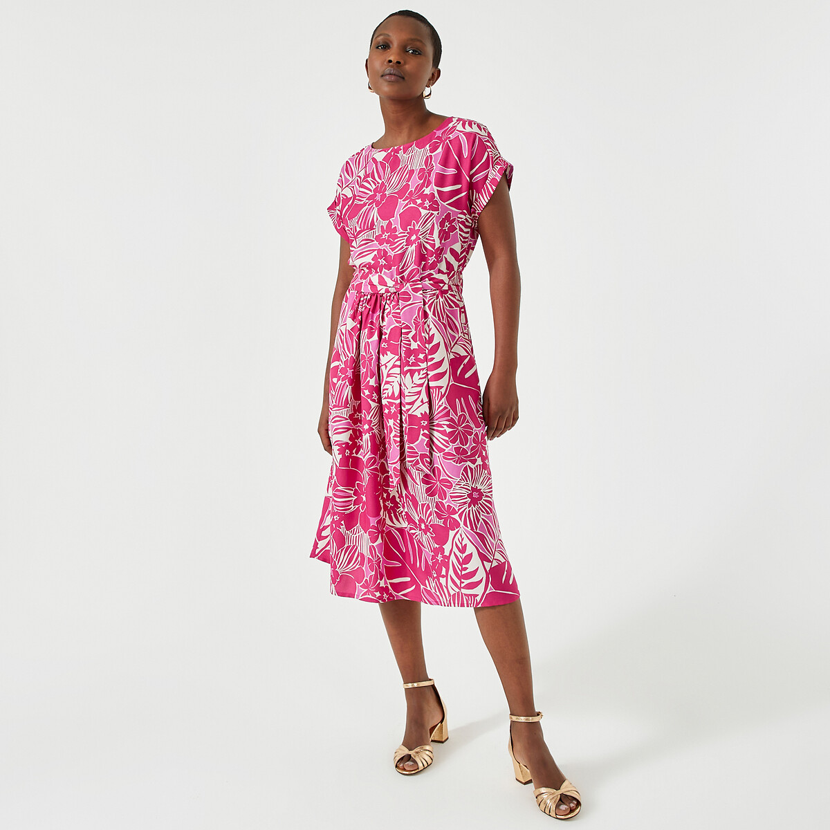 Full Mid-Length Dress in Floral Print pink print, ANNE WEYBURN