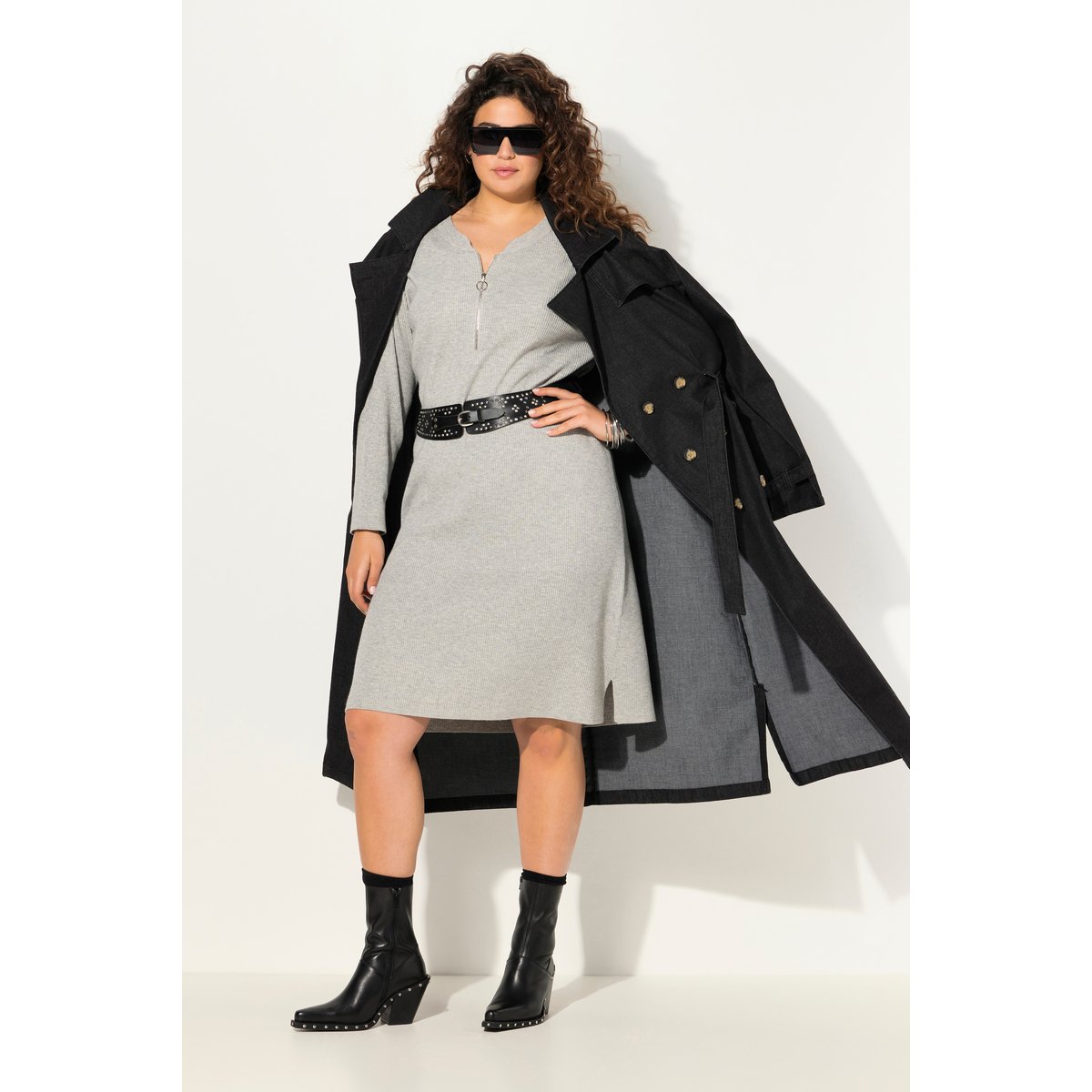 Robe midi en jersey bord-côte, coupe évasée gris clair chiné, ULLA POPKEN