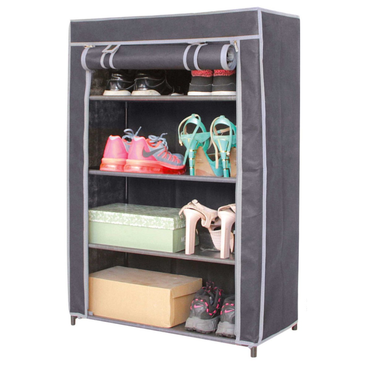 Étagère à Chaussures avec Housse - 4 Niveaux gris, WADIGA