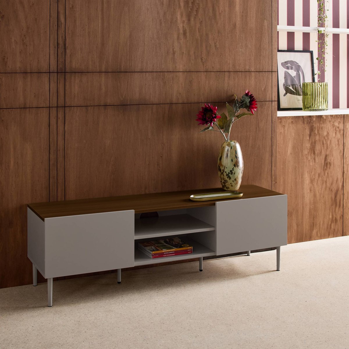Meuble TV décor bois piétement métal 2 portes 140cm ASHTON gris, SWEEEK