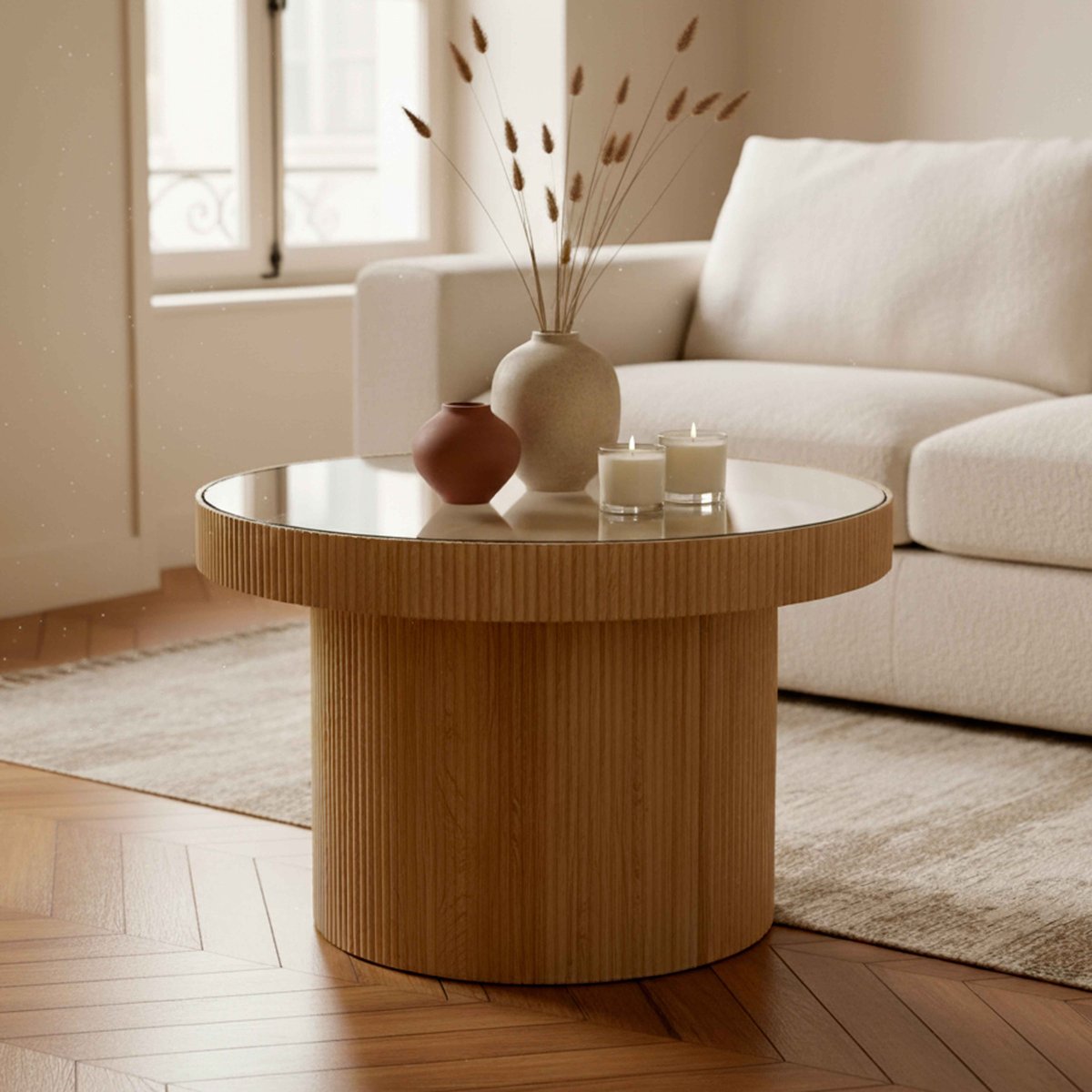 Table basse en MDF, bois et verre trempé marron, OVIALA