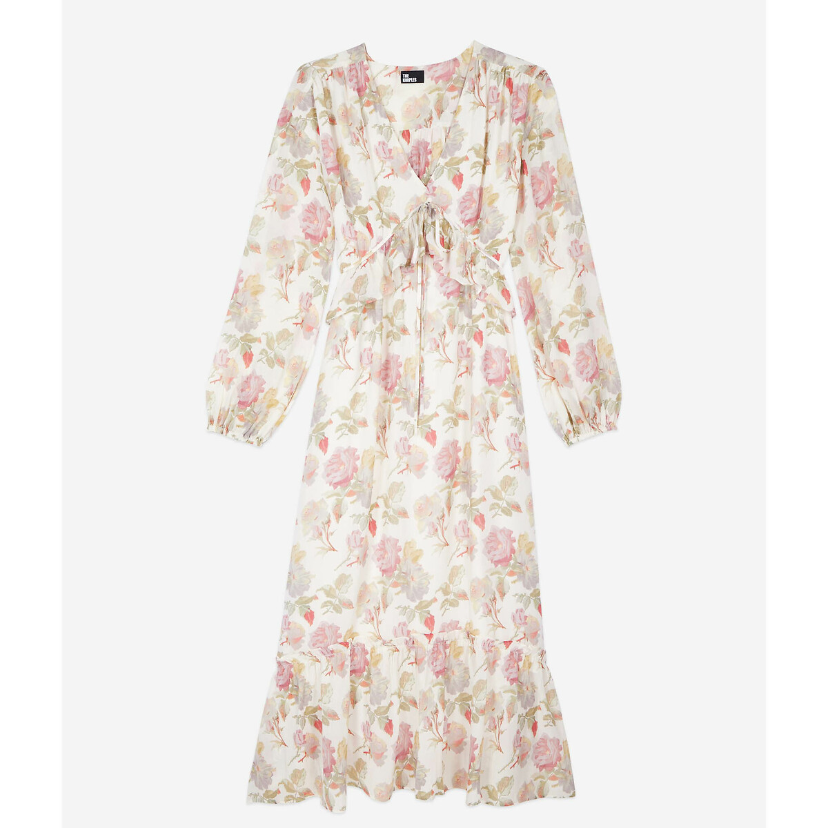 Floral Silk Maxi Dress with Ruffles and Long Sleeves beige print, THE KOOPLES