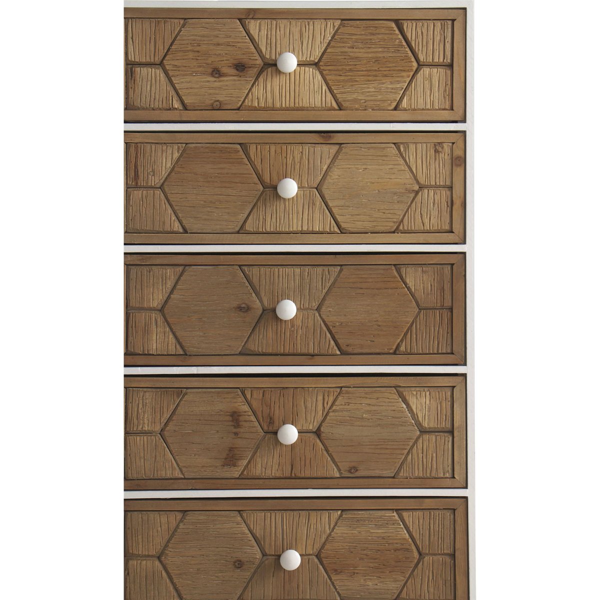 Commode 5 tiroirs en bois, Déco hexagonale blanc frêne et bois naturel, RECOLLECTION