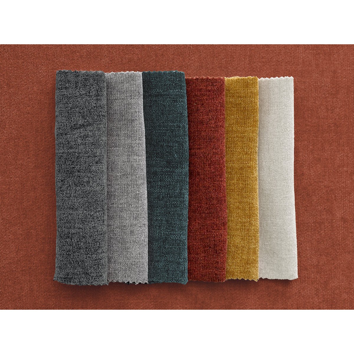 Canapé d'angle fixe 3 places en tissu lisse avec pouf, ENORE rouge, BOBOCHIC