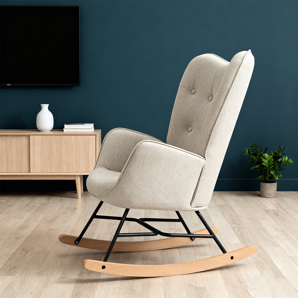 Fauteuil à bascule rocking chair scandinave en tissu, EPPING beige, MEUBLES COSY