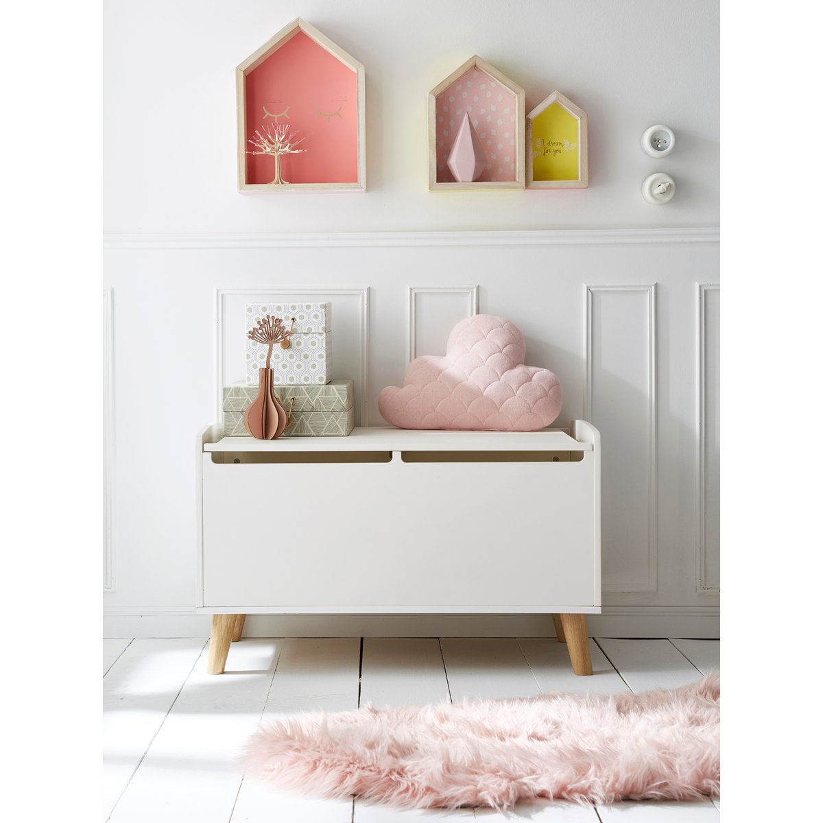 Coffre à jouets LIGNE CONFETTI blanc / bois, VERTBAUDET