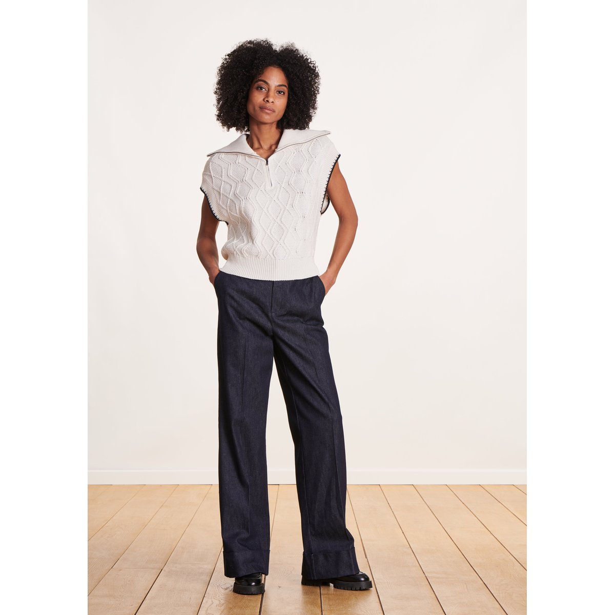 Pull manches courtes col camionneur ecru/stormy, LA FEE MARABOUTEE