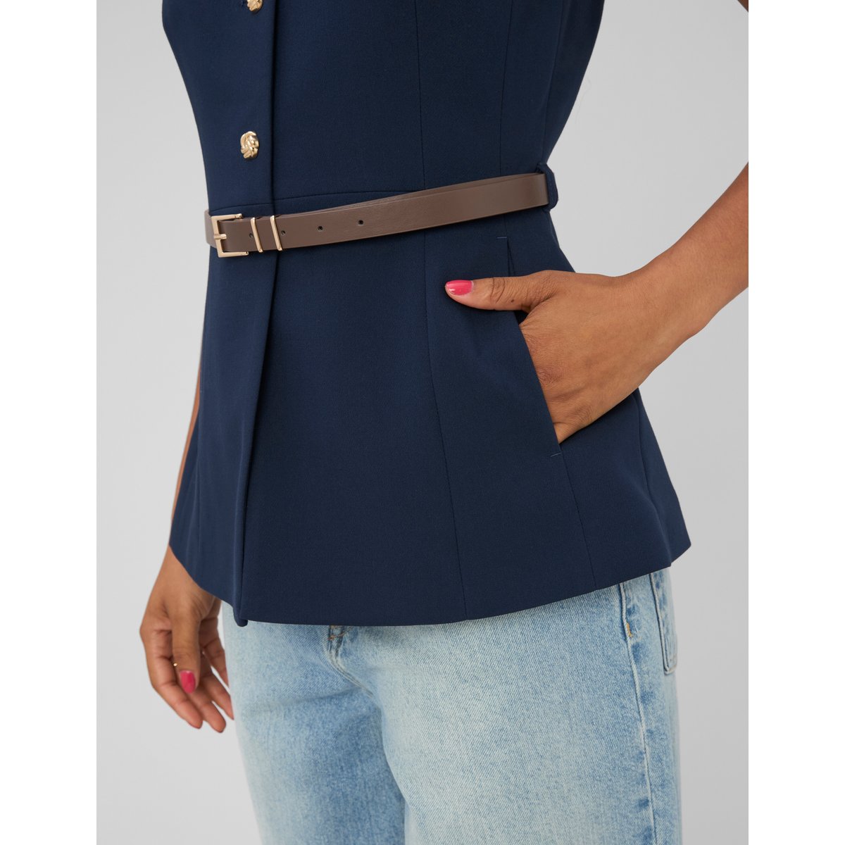 Gilet sans manches ceinturé bleu foncé, BZB