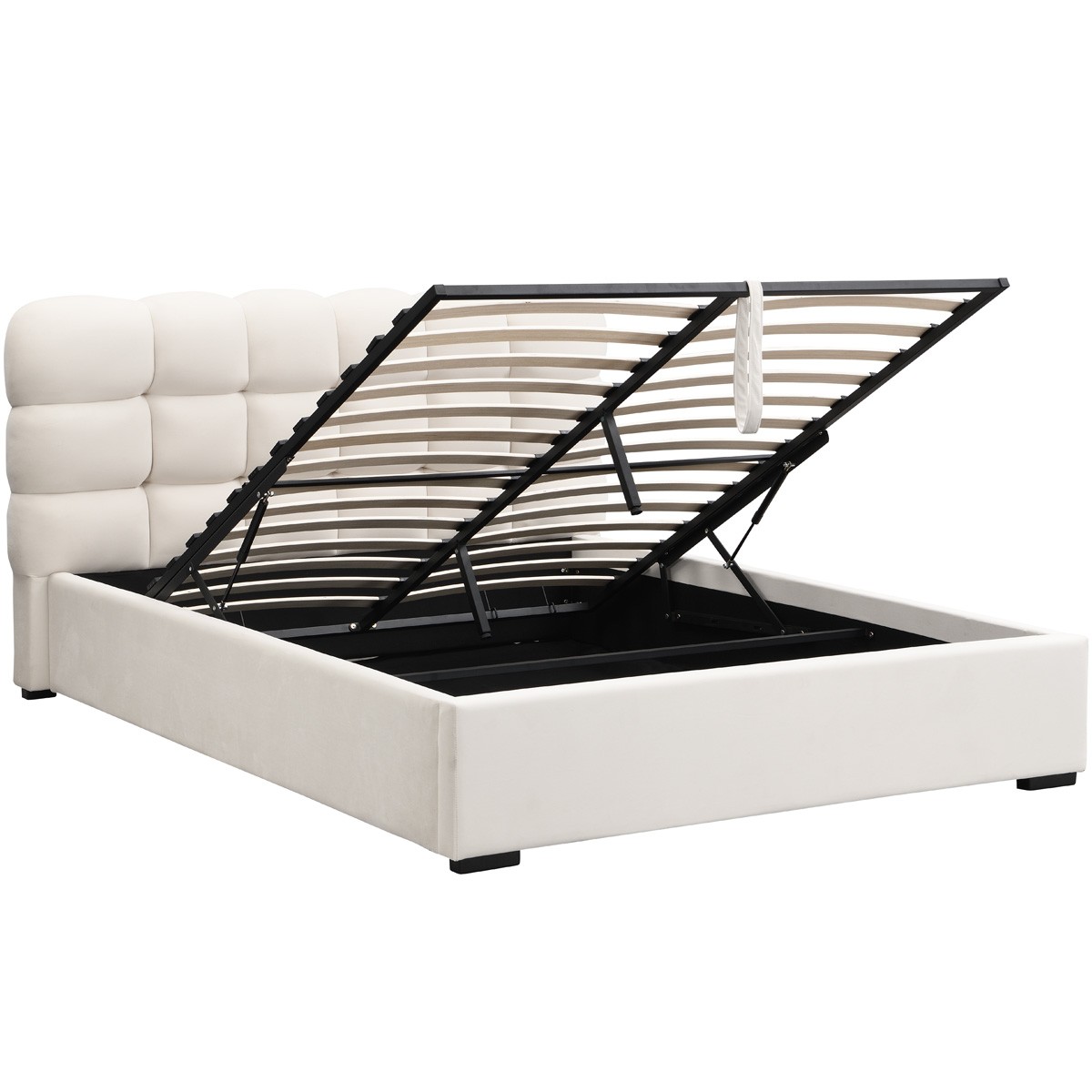Lit coffre avec tête de lit en velours - LOLA beige, HOMIFAB