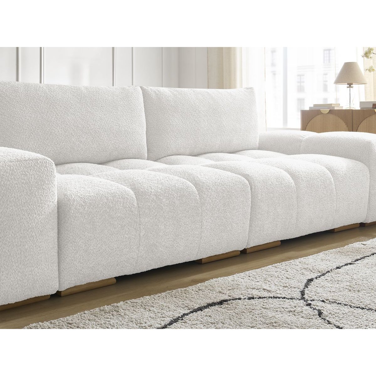 Canapé droit convertible 4 places en tissu bouclette avec pouf, ANAKIN blanc, BOBOCHIC