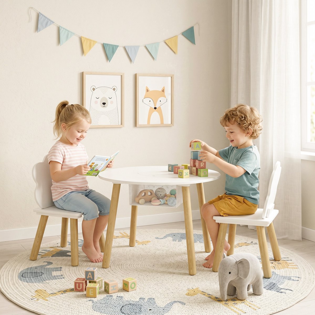 Ensemble table et chaises pour enfants MDF blanc, bois, AIYAPLAY