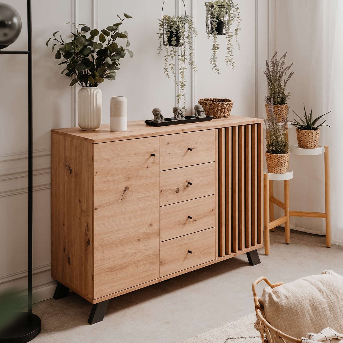 Buffet 2 portes et 4 tiroirs décor chêne artisan L118 cm - LUBLIN bois clair, CALICOSY