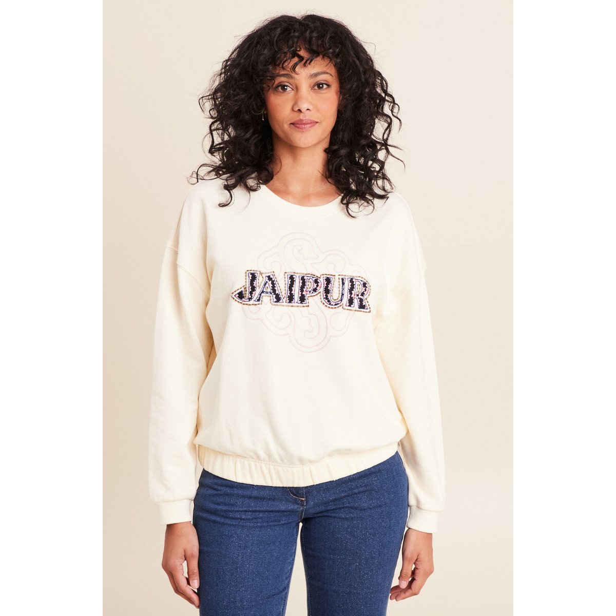 Sweat col rond broderie manches longues ecru, BREAL